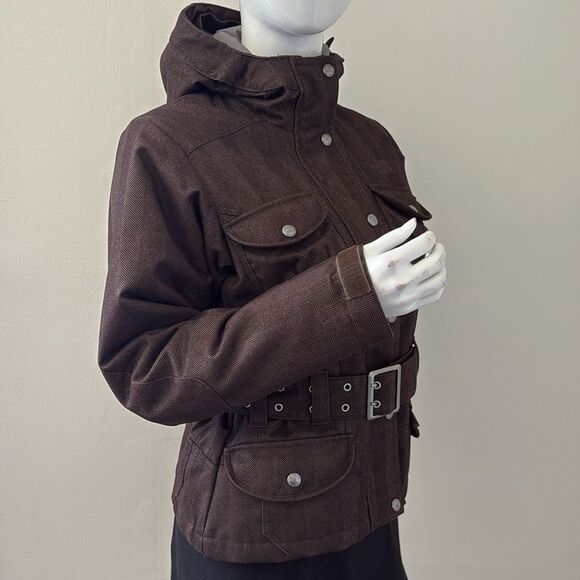 The North Face Primaloft Tweed Herringbone Brown Belted Coat w Zip Off Hood - Picture 4 of 14